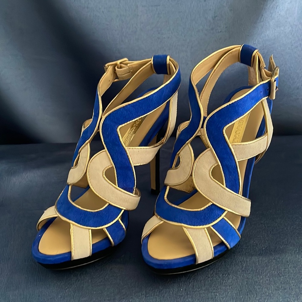 BCBG Max Azria blue and gold heels